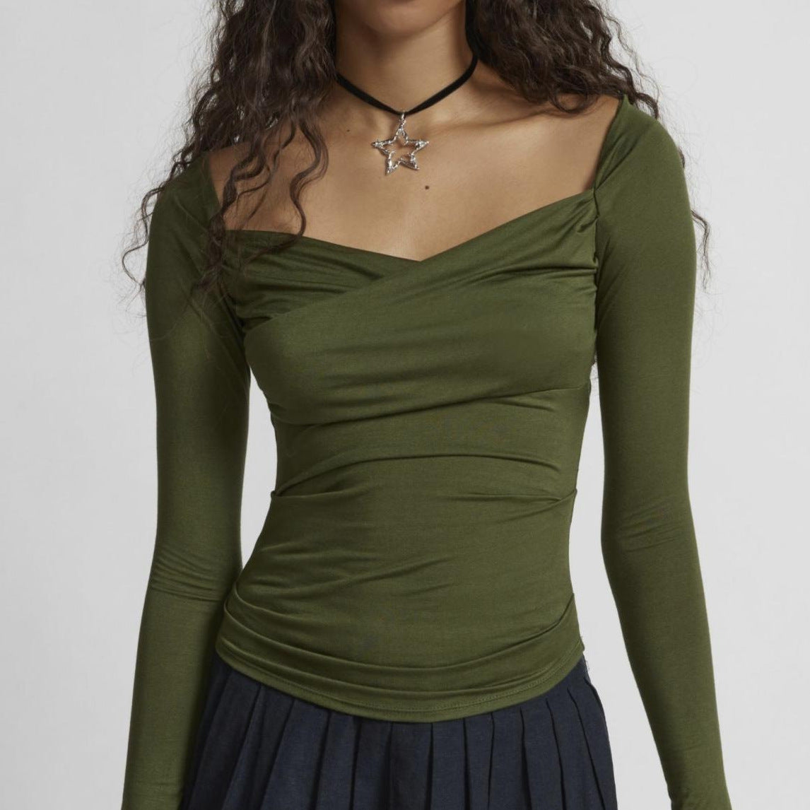 Fashion Solid Colour Irregular Neckline Cross Long Sleeve Sexy Tight Top Customized Wholesale