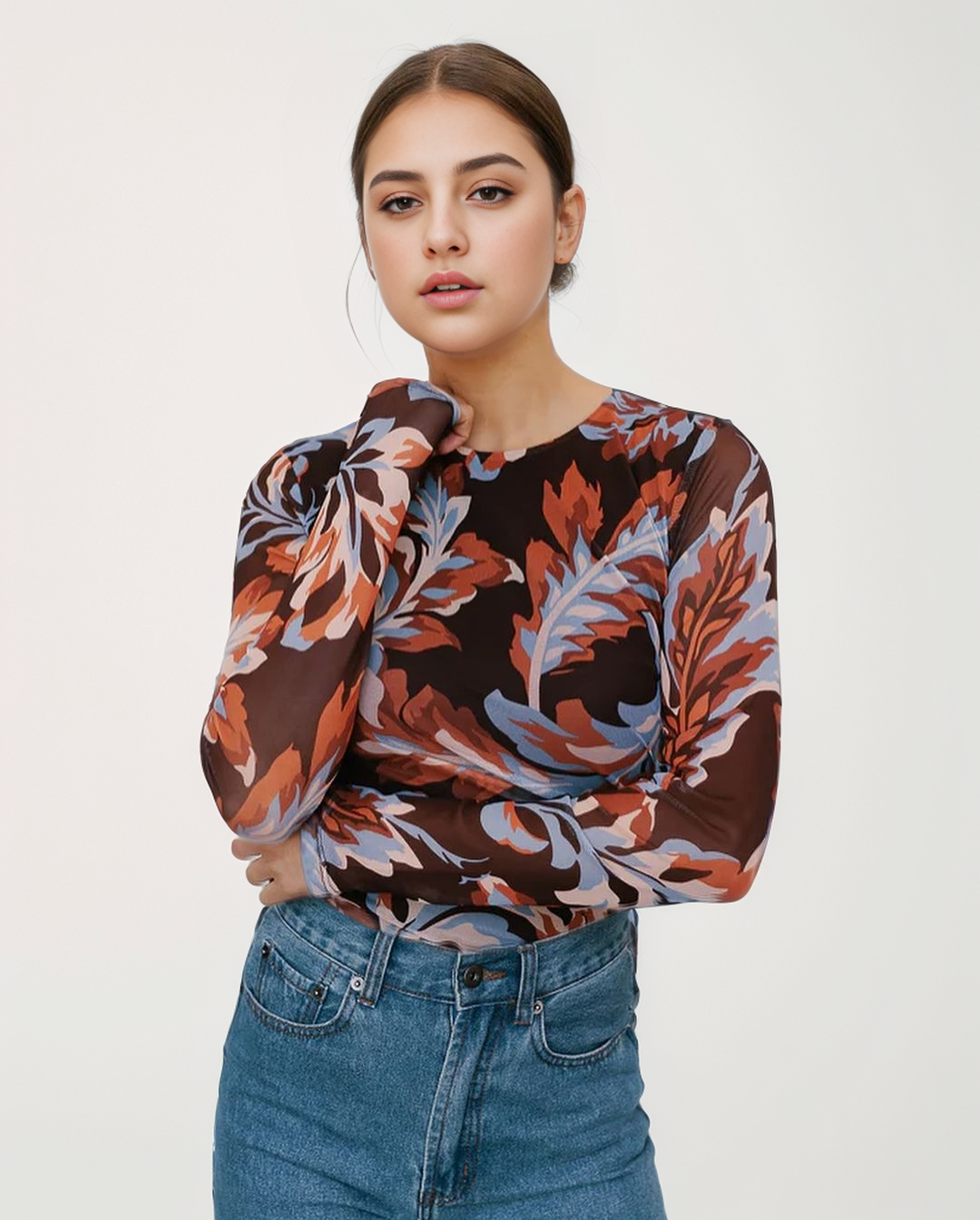 Fashion Y2K Sheer Round Neck Mesh Floral Print Long Sleeve Tight Women's Top Customised