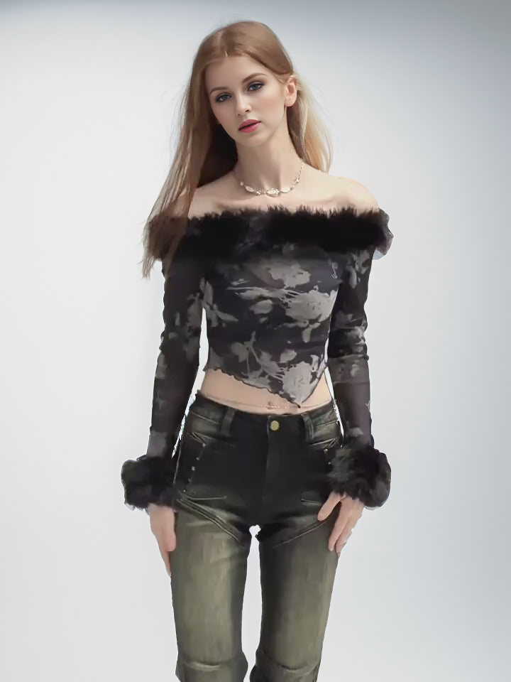 Chiffon Tulle Sheer Plush Splicing Strapless Floral Print Long Sleeve Sexy Asymmetric Women's Top
