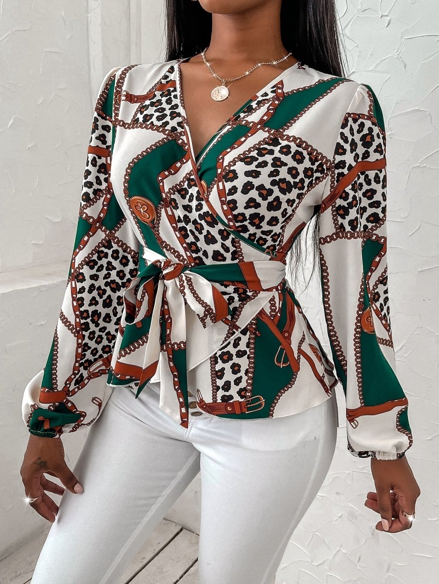 Fashion New Chiffon Deep V Neck Pattern Printed Tie Cross Long Sleeve Elegant Women's Top