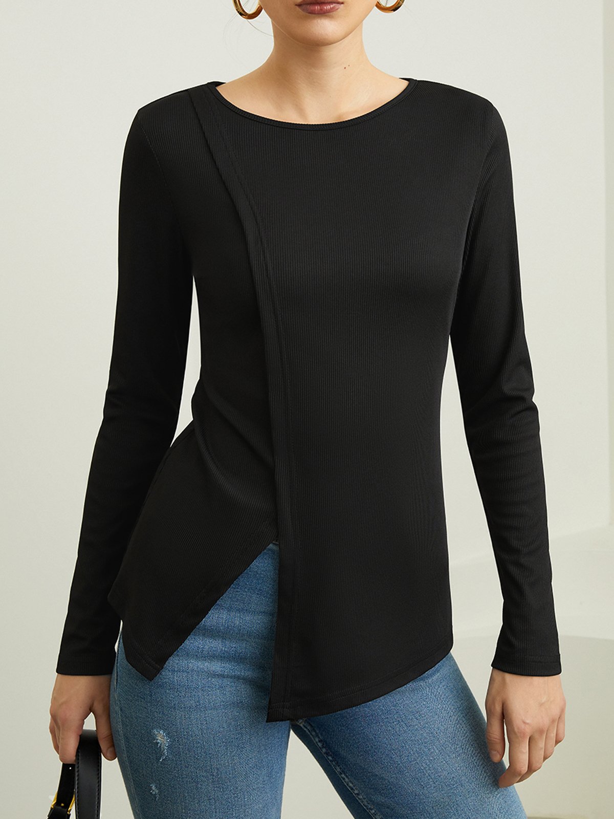 Autumn Solid Colour Round Neck Splicing Long Sleeve Cardigan Top Women's Bottom Tops Wholesale