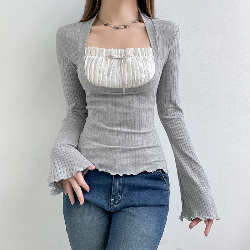Fashion New Square Neck Splicing Lace Pleated Bowknot Flared Sleeve Long Sleeve Women's Top