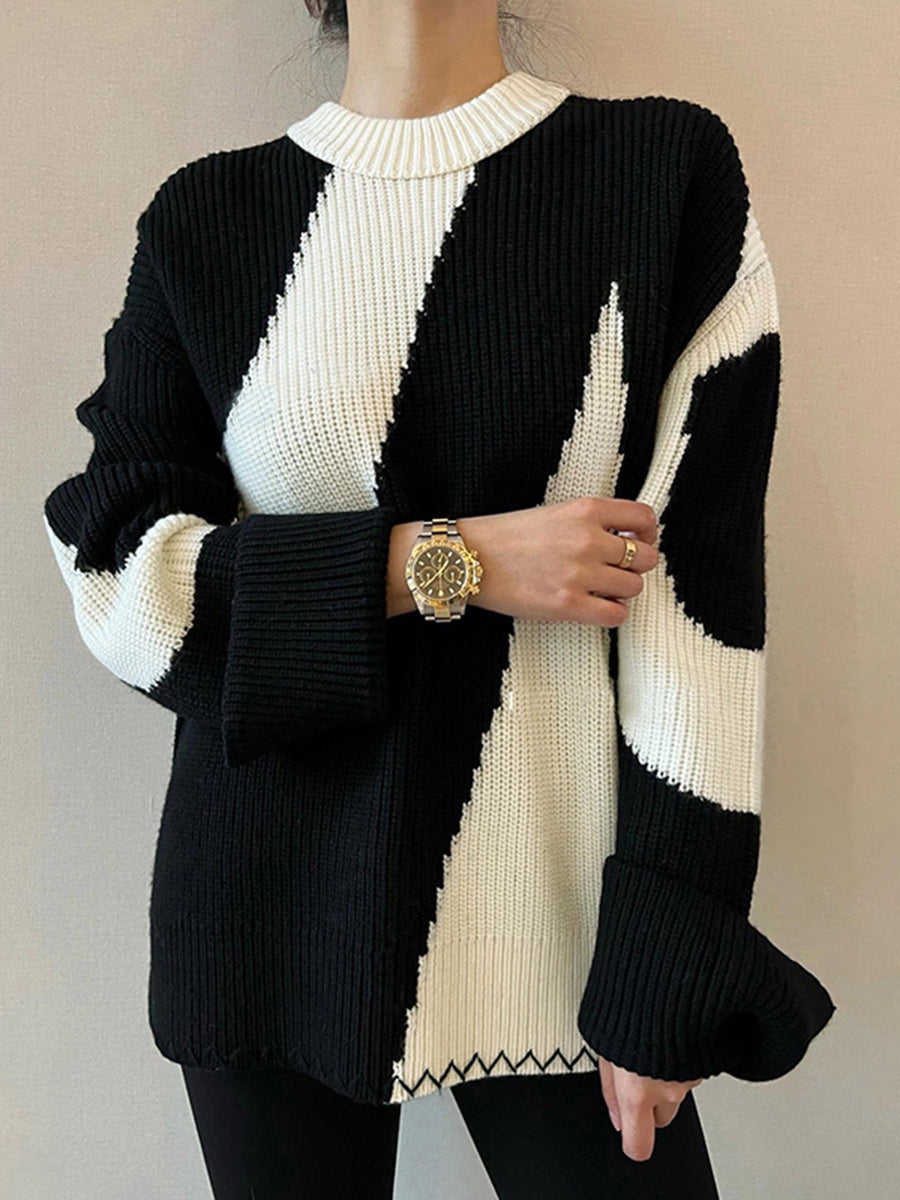 Colorblocking round neck big size women's loose knit sweater autumn and winter crochet jumper