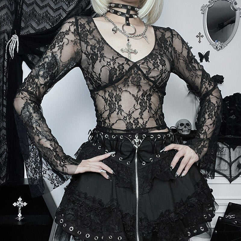 y2k Fashion New Solid Colour V Neck Lace Embroidery Flare Long Sleeve Ladies Sexy Tight Top