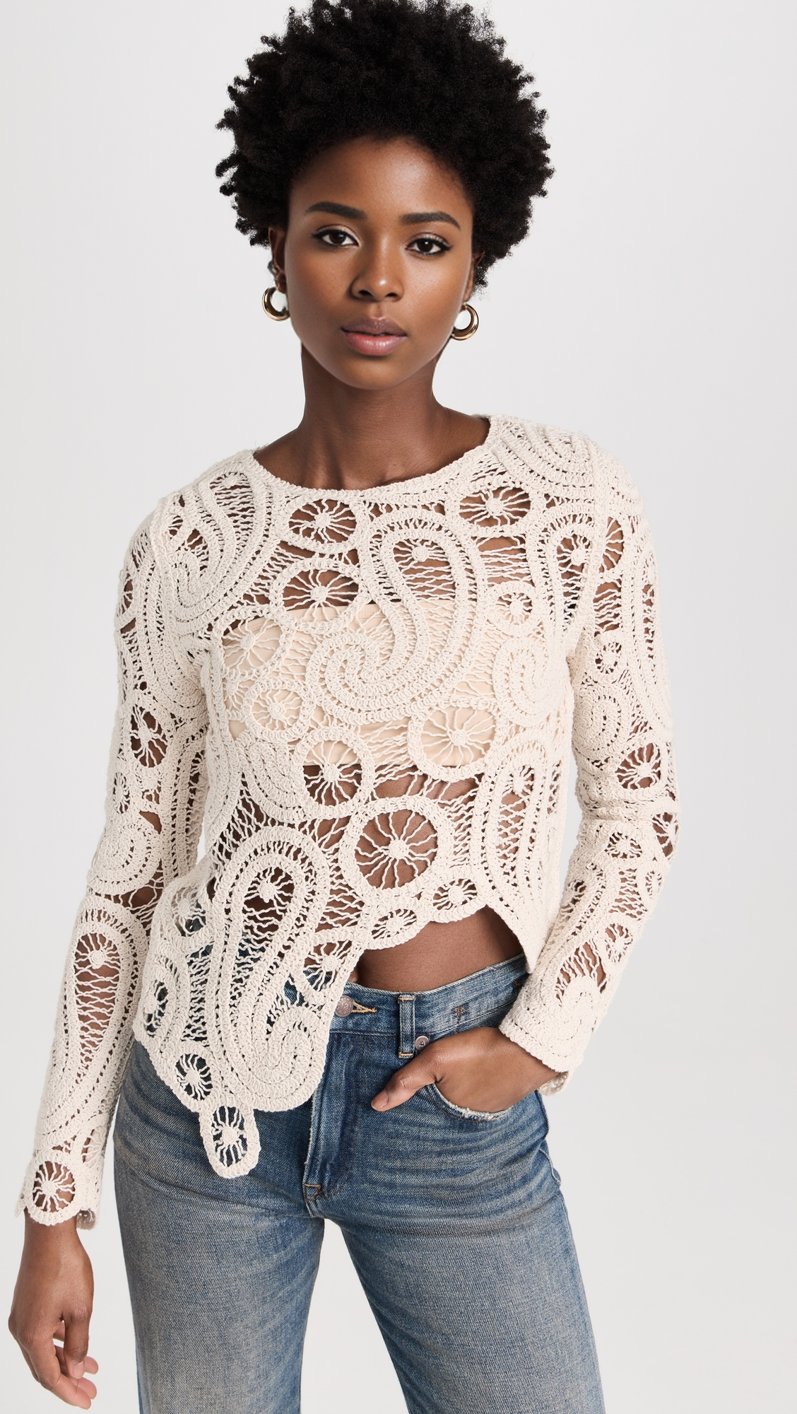 Fashion Street Round Neck Crochet Cutout Long Sleeve Irregular Women's Tops Beach Outer Shirt