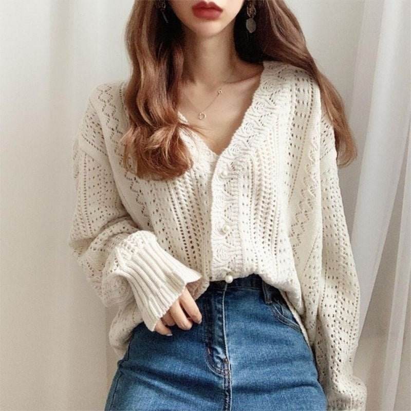 Fashion Knitted Cardigan Pearl Button Hollow Long Sleeve Top Women's Casual Crochet Sweater