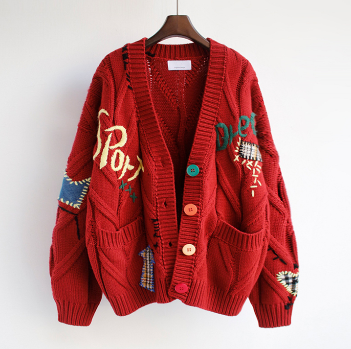 Women's Loose Knitted Sweater Jacket Embroidery Thickened Knitted Cardigan Customised Wholesale