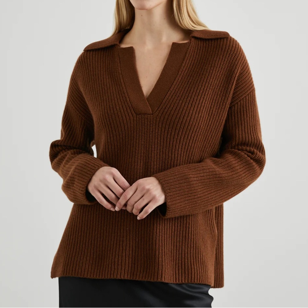 Customised Brown Turned Hair V Neck Wool Ribbed Long Sleeve Side Slit Women's Pullover Sweater