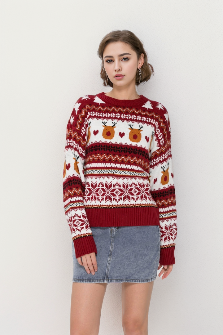 New Christmas reindeer long sleeve round neck women's autumn and winter warm jumper pullover