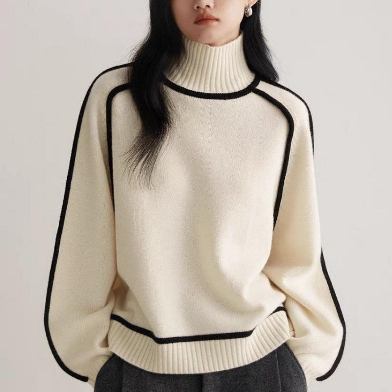 High neck patchwork wool knit long sleeve jumper Women's warm plus size pullover customised