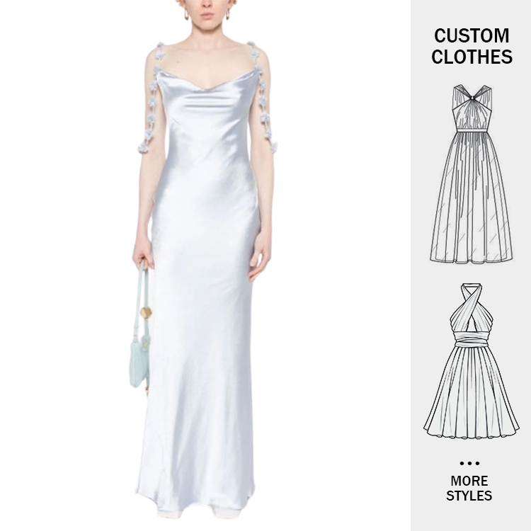 Backless Draped Halter Neck Flower Decoration Satin Gown Elegant Prom Gowns Party Dresses Women