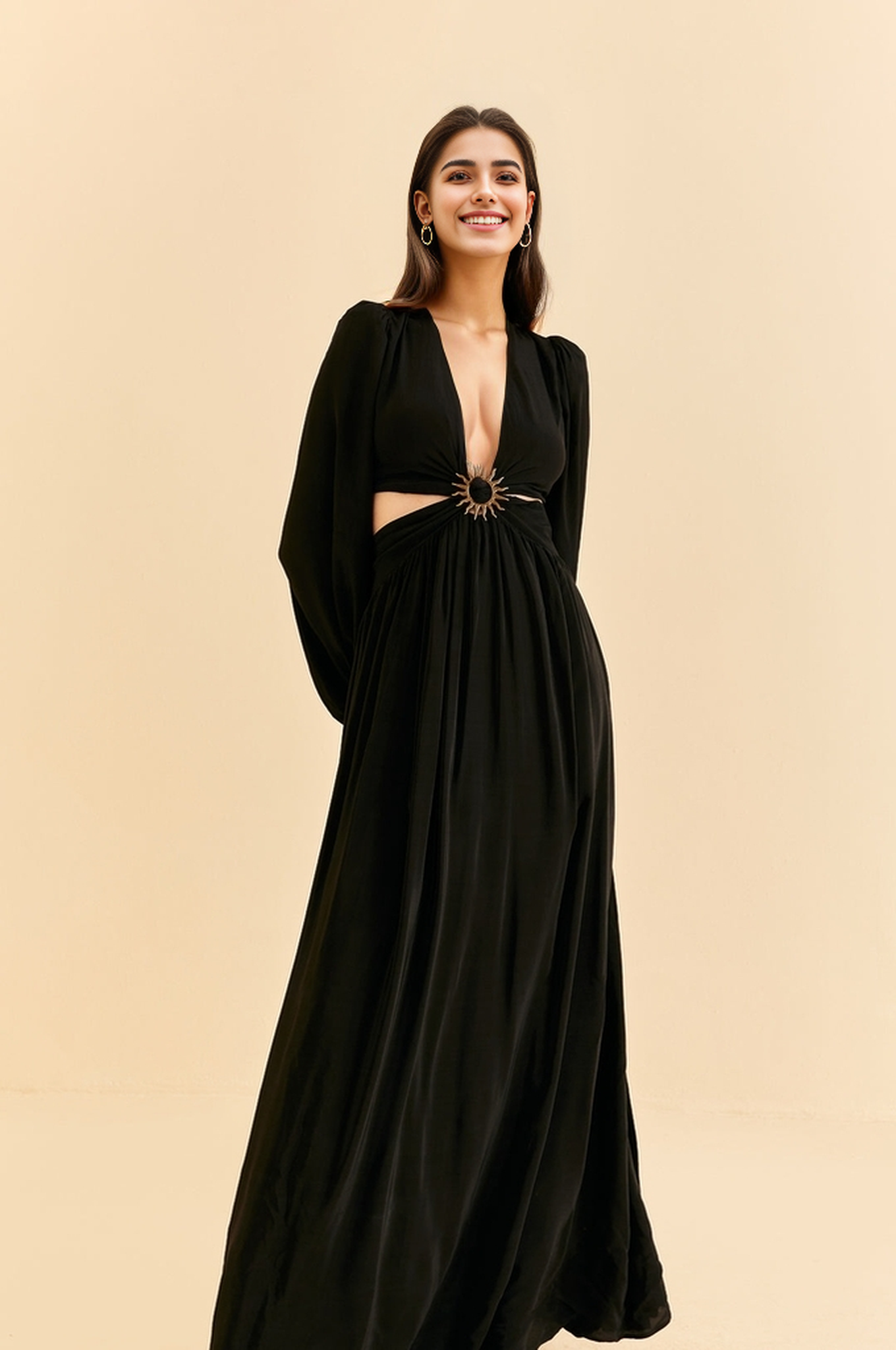Elegant Formal Black Polyester Long Sleeve Deep V Waistless Metal Belt Buckle Women's Long Dresses