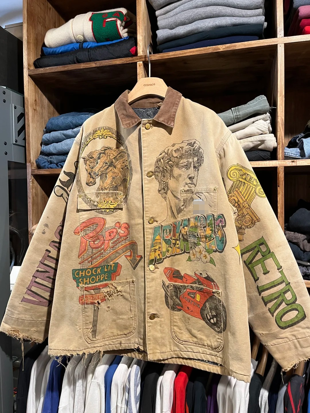 Custom LOGO Khaki Vintage Workwear Jacket Multi Printed High Gram Weight Double Jacket Coat