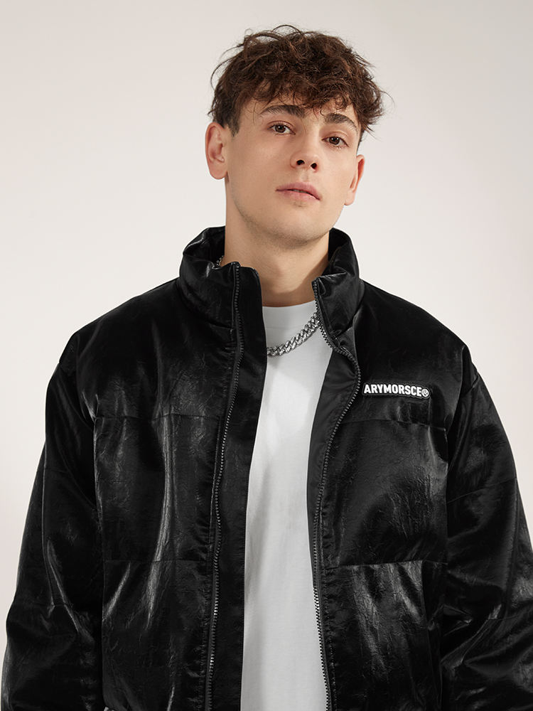 Custom Logo Streetwear Heavy Designer Bib Padded Coat Oversized Men's Shiny Bib PU Leather Jacket