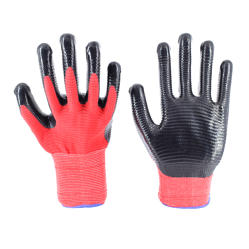 Nitrile Gloves-13 Stitch Red Polyester Black Nitrile Ribbed Gloves Working Gloves