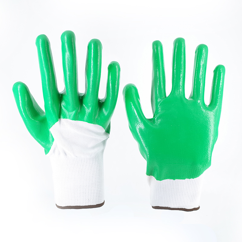 Nitrile Gloves-13 Gauge White Polyester Green Nitrile Glossy Semi-Hanging Gloves Working Gloves