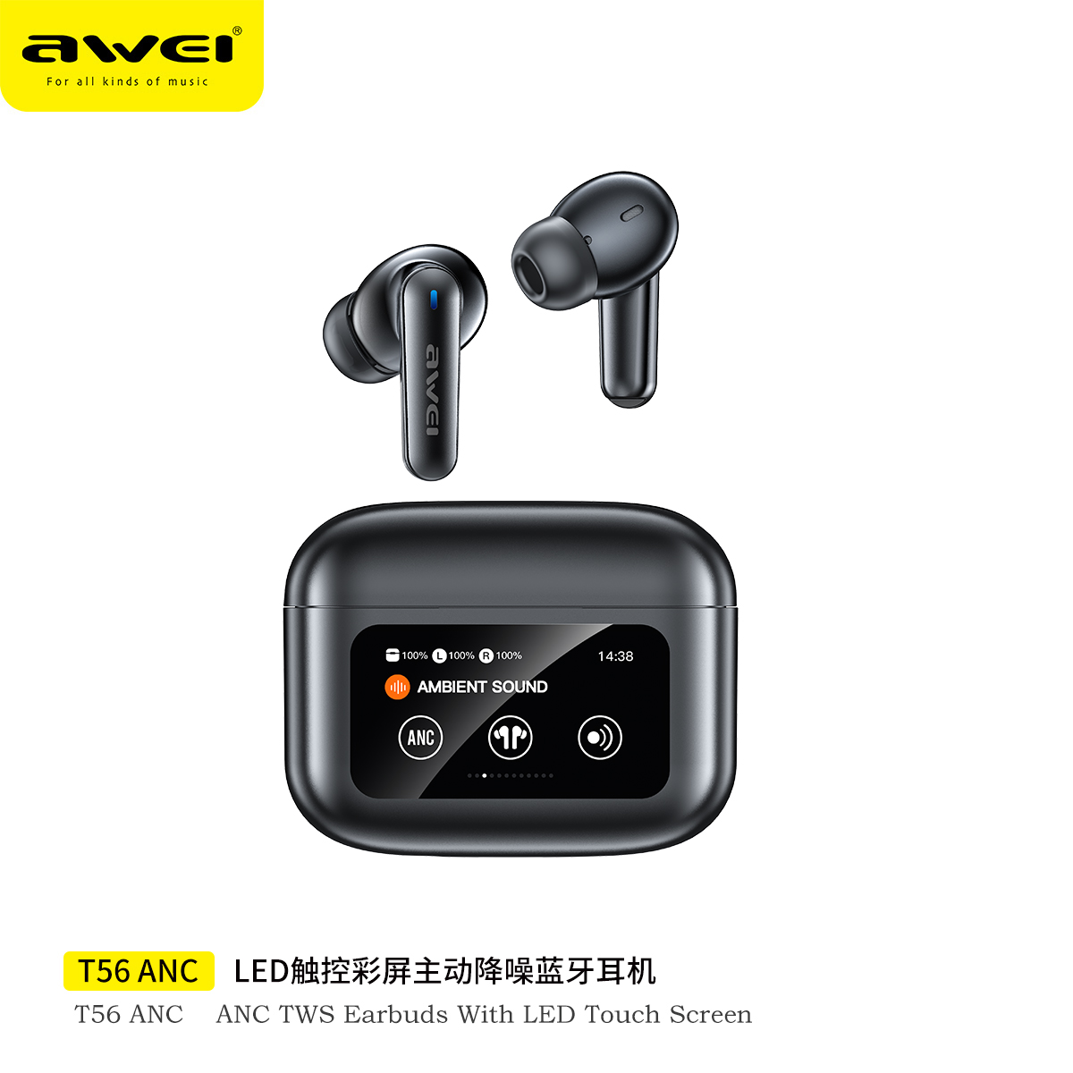 Awei T56 ANC Wireless Earbuds LED Touch Screen Waterproof Earphones For Sport Running Workout