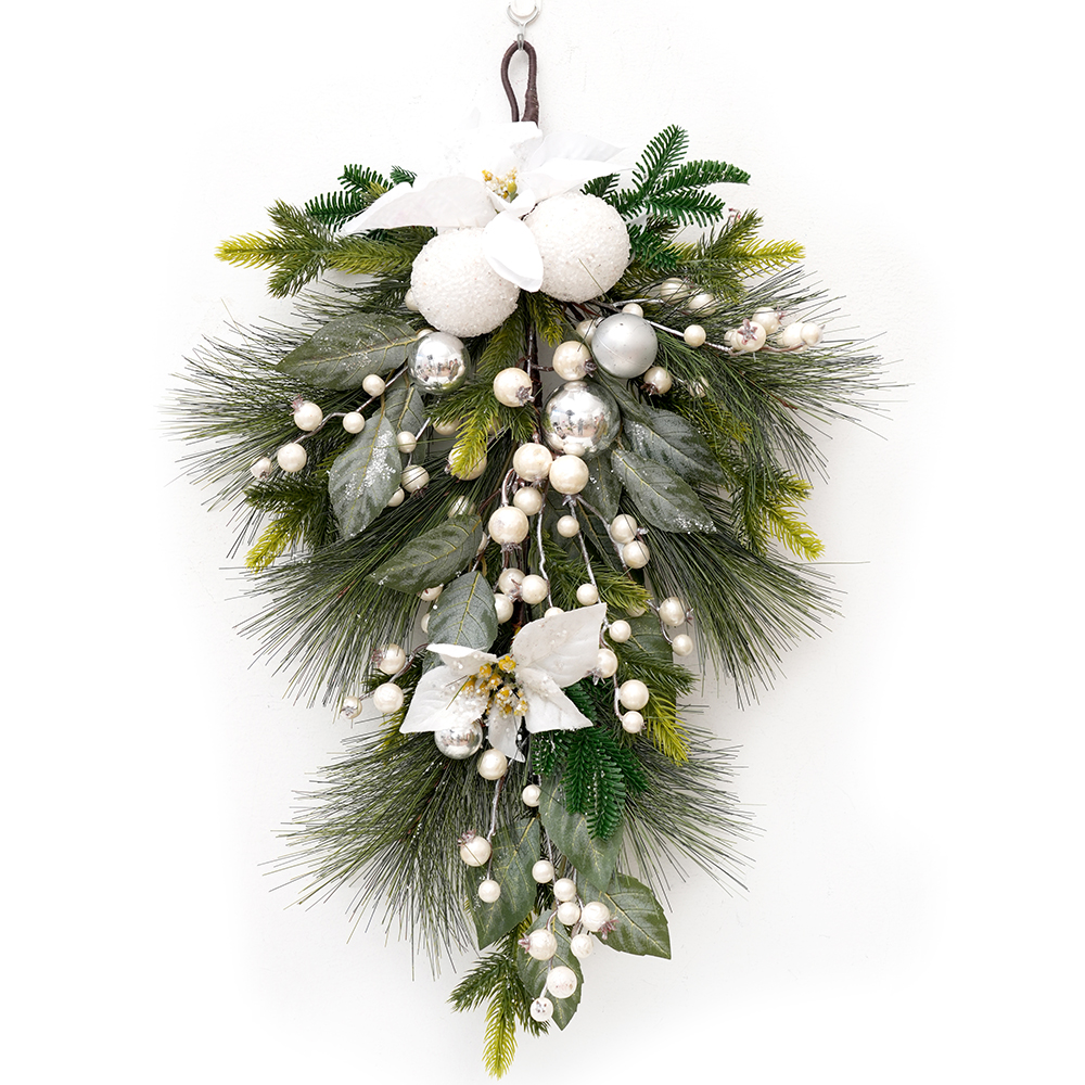 Transworld Christmas Decor Teardrop Swag Artificial White Flower Fruit Drop Door Hanger