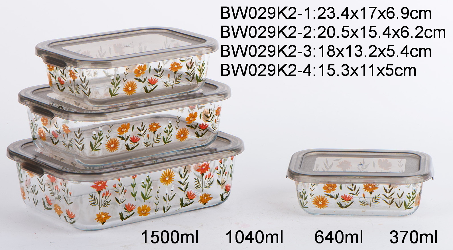 Square high borosilicate glass food container with transparent plastic lid with decal BW029K2