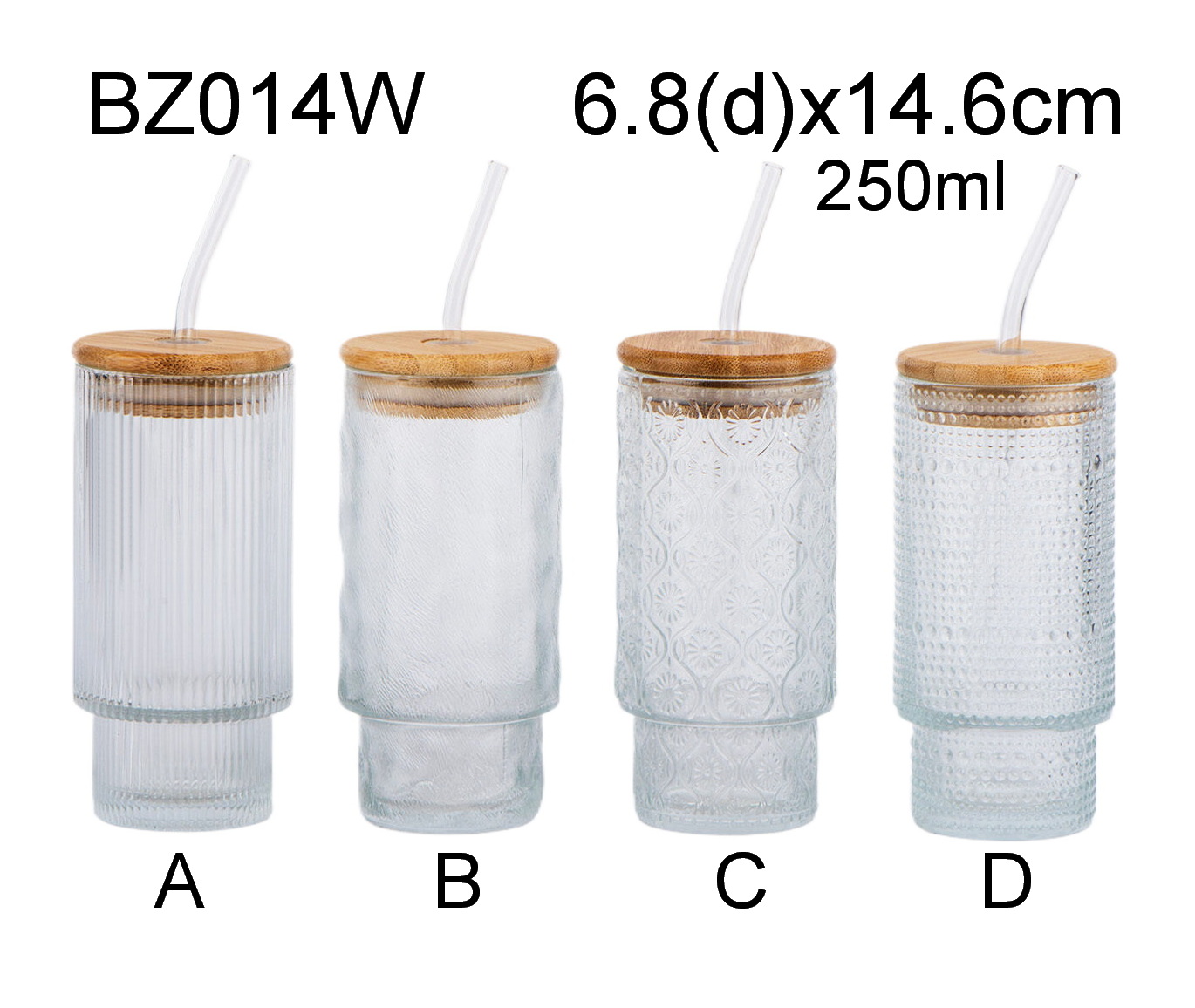 Transparent glass cup with bamboo lid and straw BZ014W