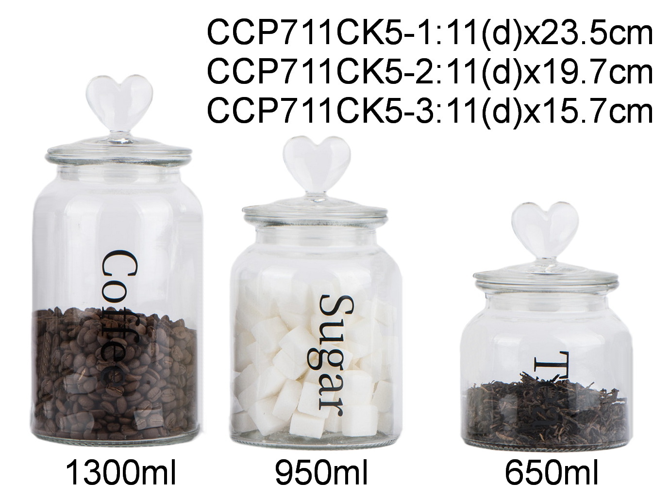 1300ml 950ml 650ml glass storage jar glass with heart shaped glass lidCCP711CK5