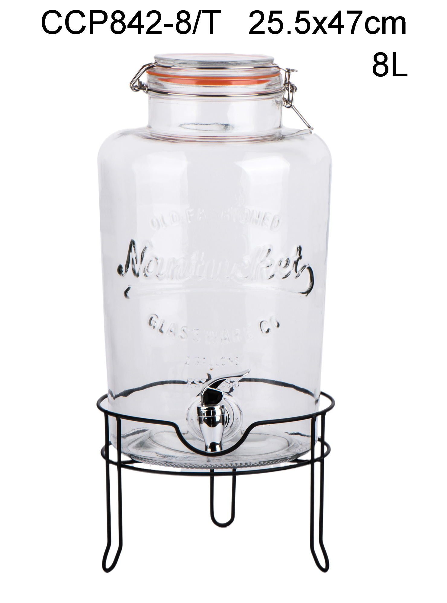8L glass beverage dispenser with clip lid and metal rackCCP842-8/T