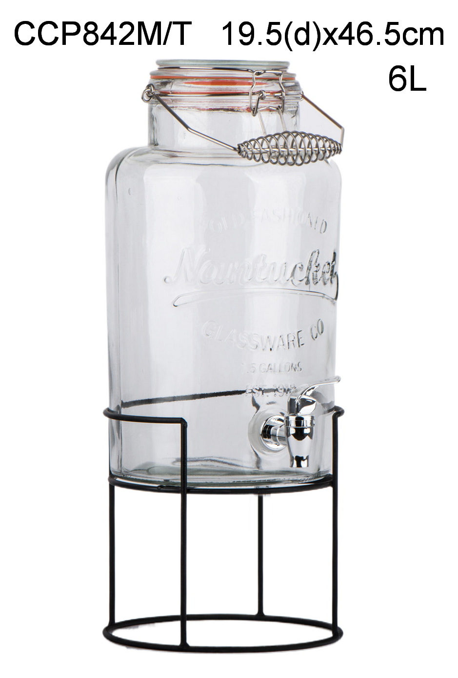 6L glass beverage dispenser with clip lid handle and metal rackCCP842M/T