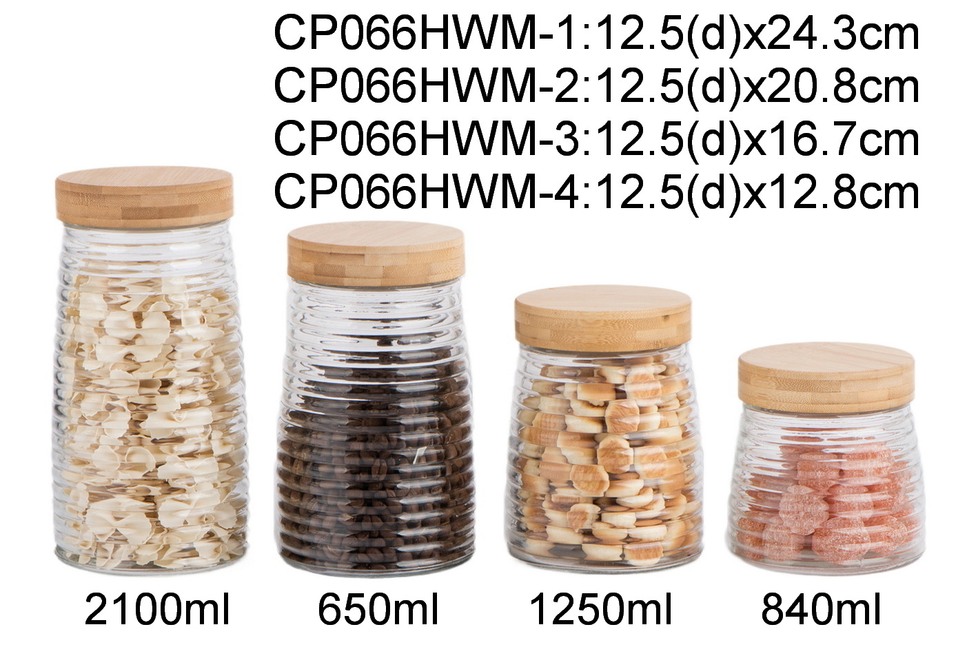 glass storage jar with bamboo lid with embossed designCP066HWM