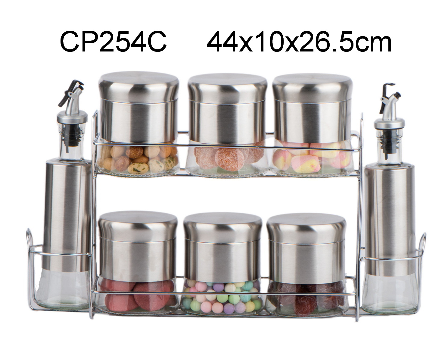 8pcs glass jar set with stainless steel casing oil vinegar bottle and metal rackCP254C