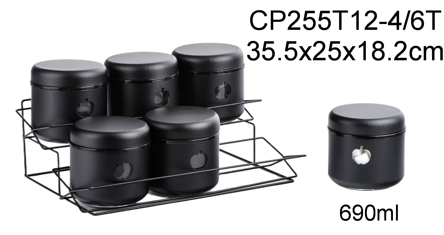 6pcs round glass jar set with black metal casing and metal rackCP255T12-4/6T