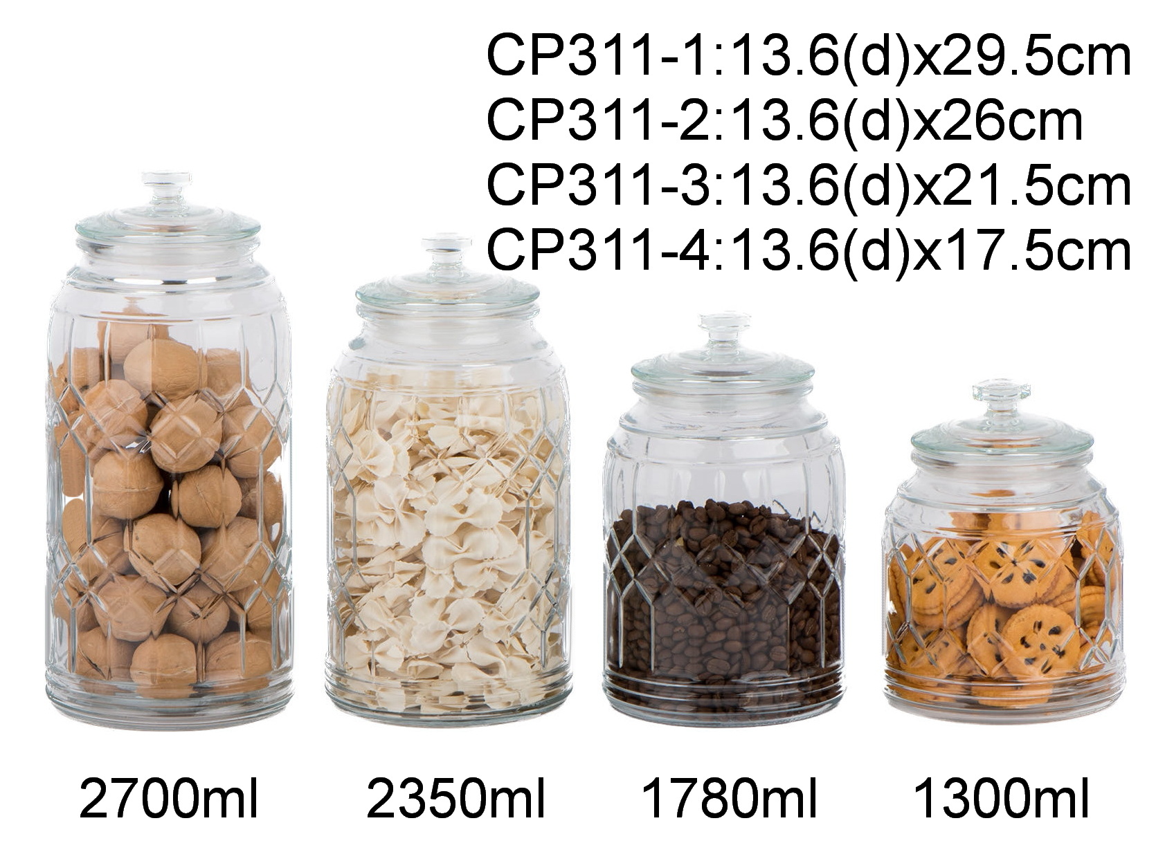 Glass food storage jar with glass lid and embossed designCP311