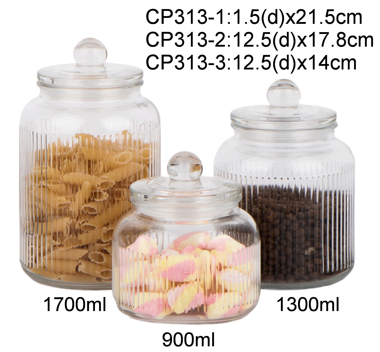 glass storage jar glass with glass lid with embossed vertical linesCP313
