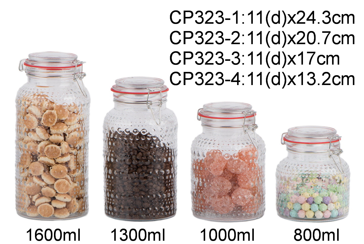 Glass food storage jar with metal clip and silicon seal ring with polka dots designCP323