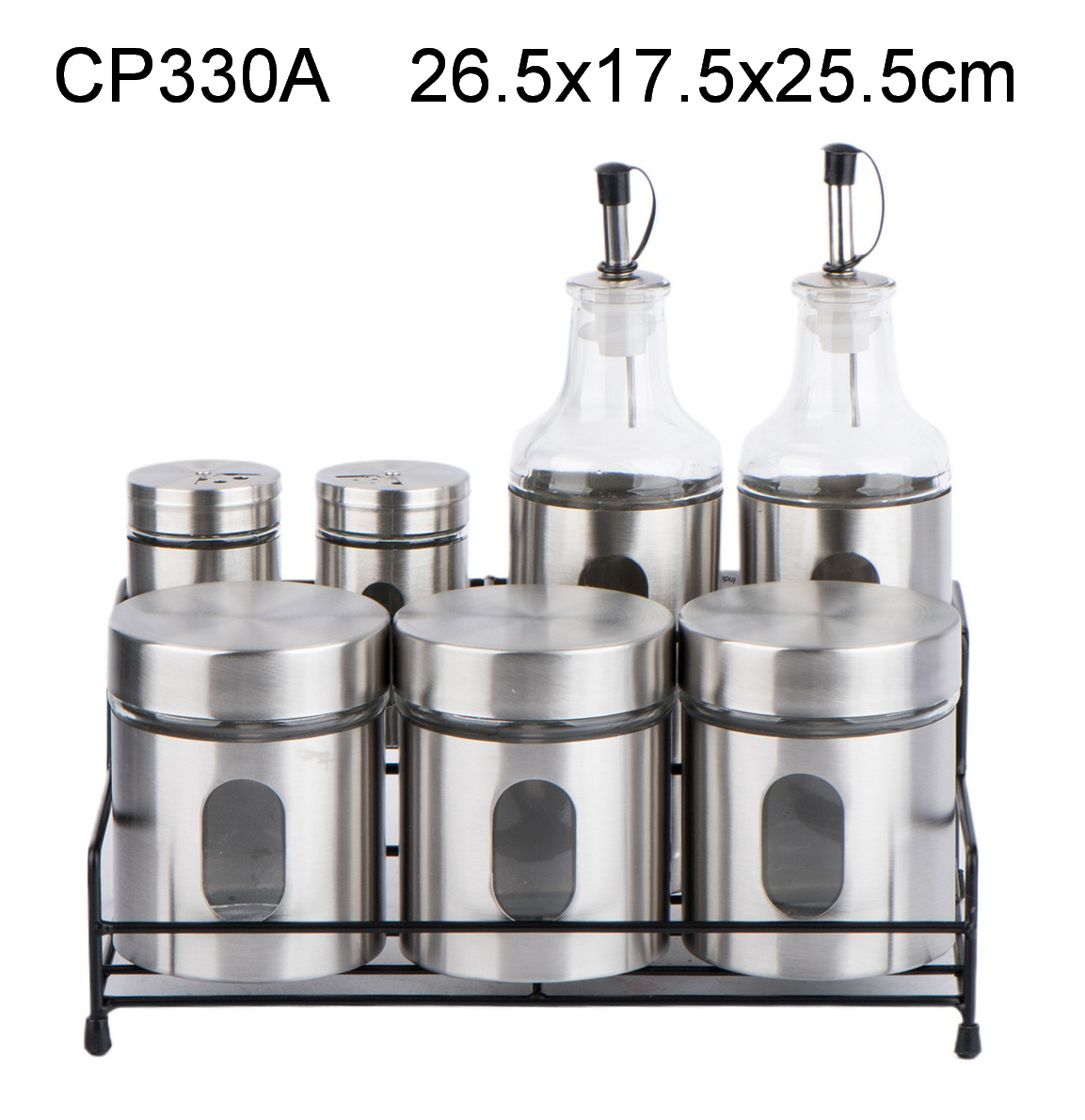 7pcs glass jar set with metal casing oil vinegar bottle and metal rackCP330