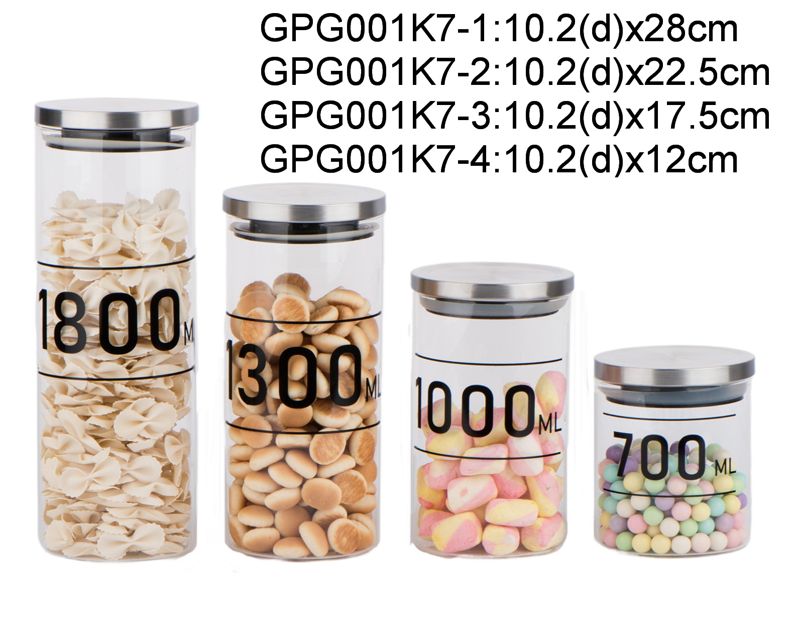 Round borosilicate glass food storage jar with stainless steel lid with decalGPG001K7