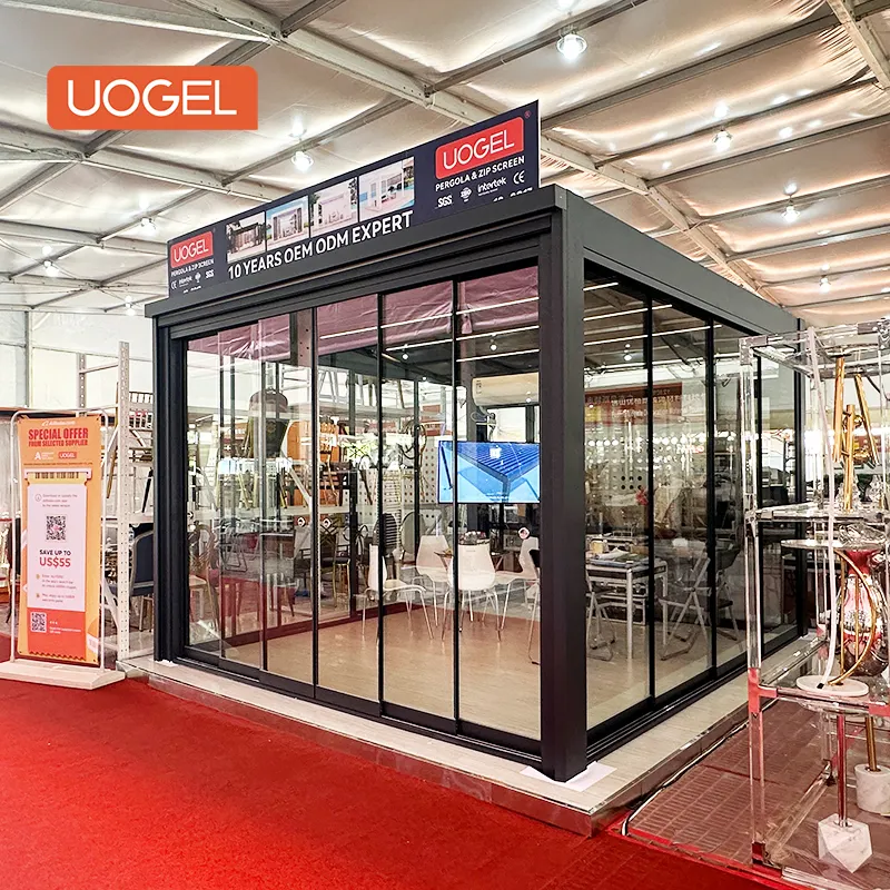 UOGEL Wholesale Pavilion Gazebo Powder Coated Black RGB Light Roofing Awnings Bioclimatic Pergola