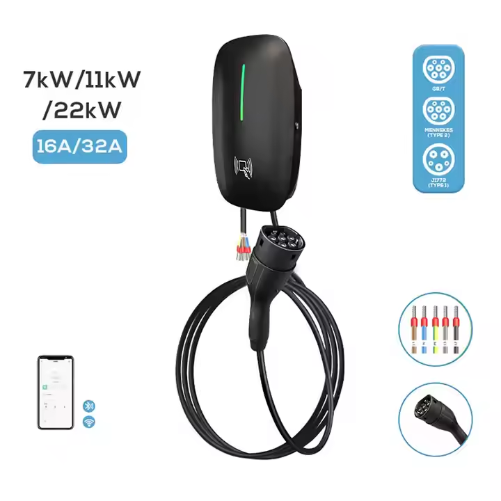 Type 2 EV Fast Charger with 32A 7KW 22KW Wall-Mounted Charging Stations Adapter and App Control