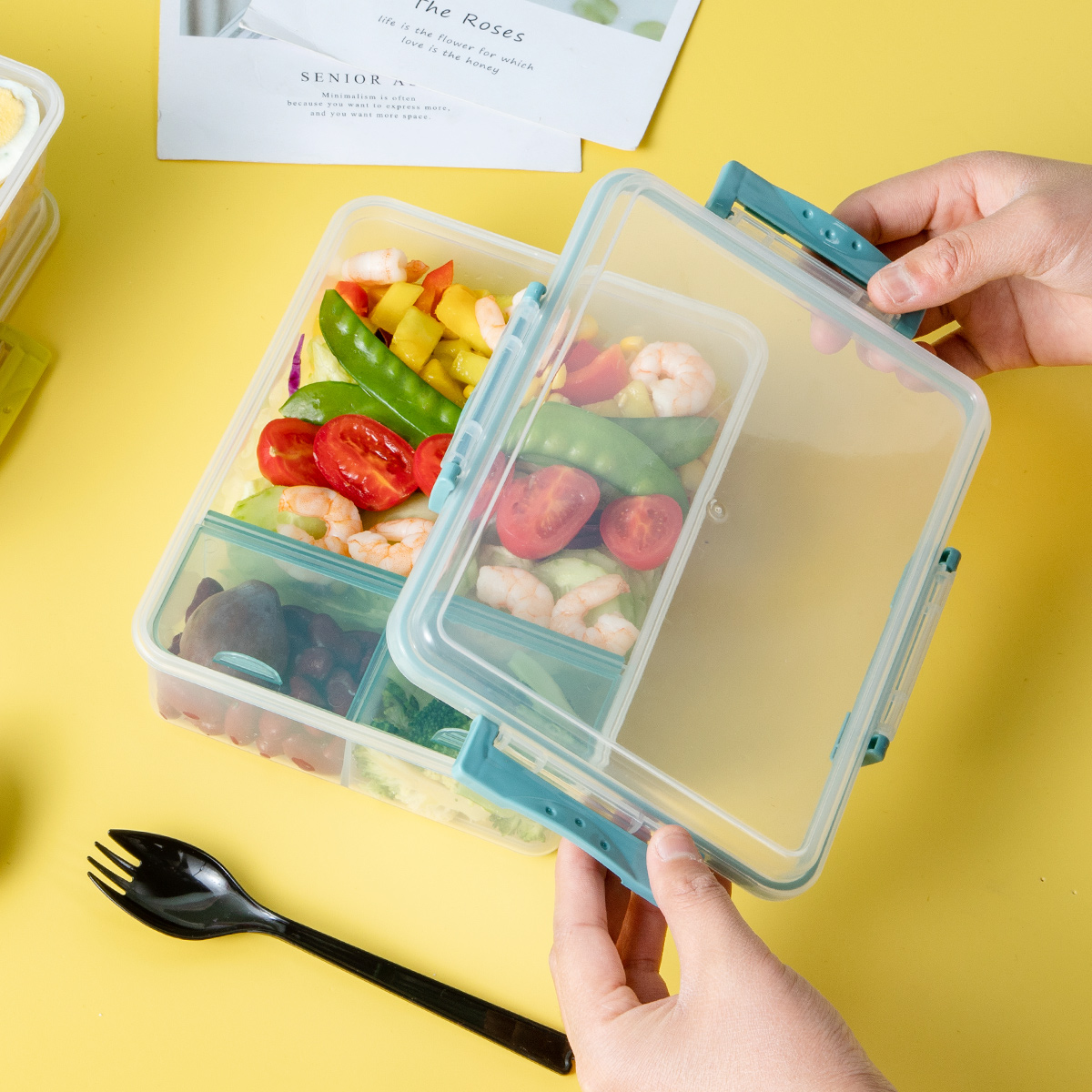 3 Compartments Salad Box Plastic Bento Lunch Box for Kids and Adults With Cutlery And Sauce Box