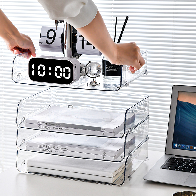 Rectangular Clear Plastic Desk Organizer Office Stackable File Paper Holder Book Storage Rack