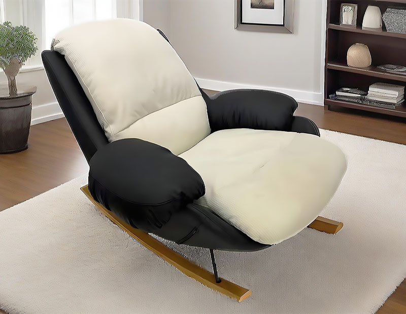 Modern Rocking Chair With PU Leather, Metal Frame, Wooden Base, Black And Cream