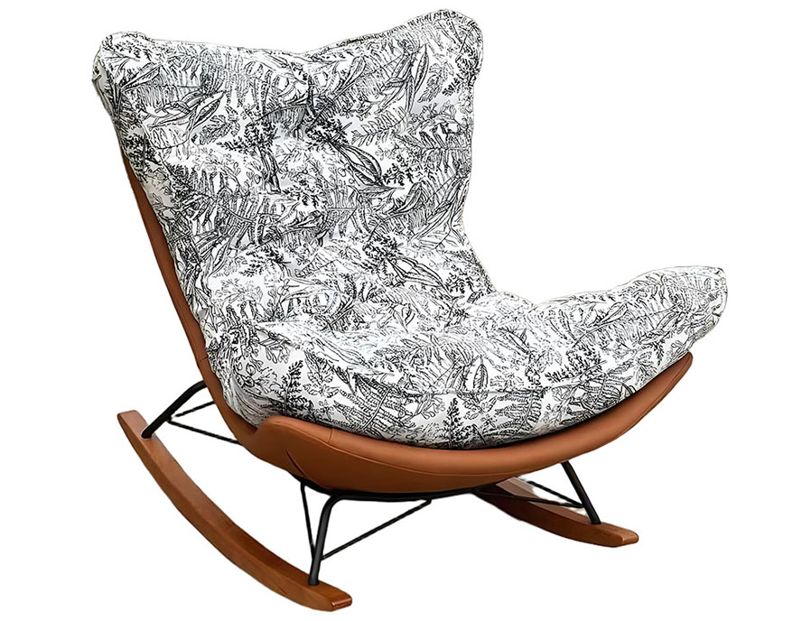 Modern Rocking Chair With PU Leather, Metal Frame, Wooden Base, Black And Cream