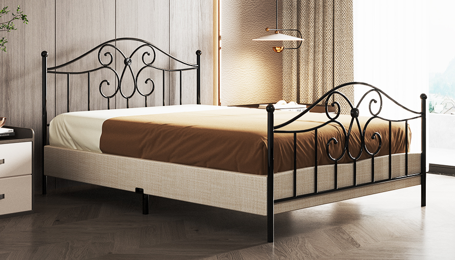 Metal Bed Frame with Fabric Cover Box Base, Easy Assembly