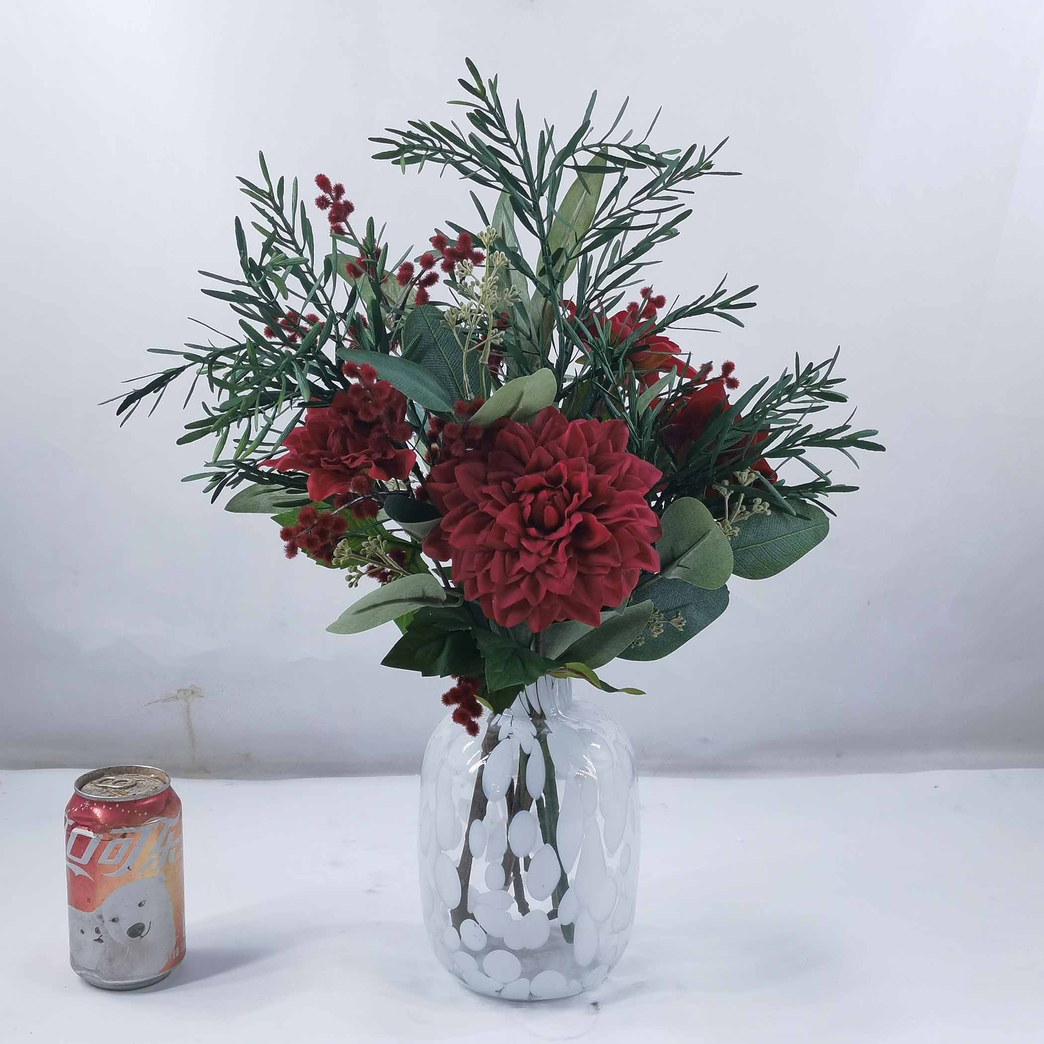 52cm H Mixed dahlia in glass pot