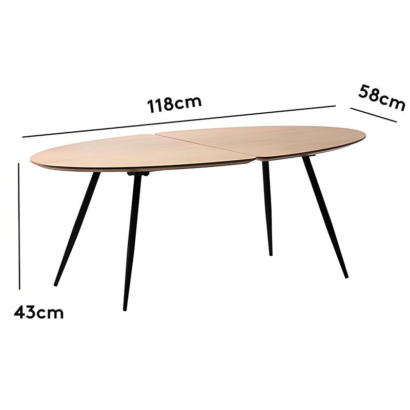 Modern Oval Coffee Table, 118 X 58 Cm, Natural Wood Grain MDF Top, Black Metal Legs