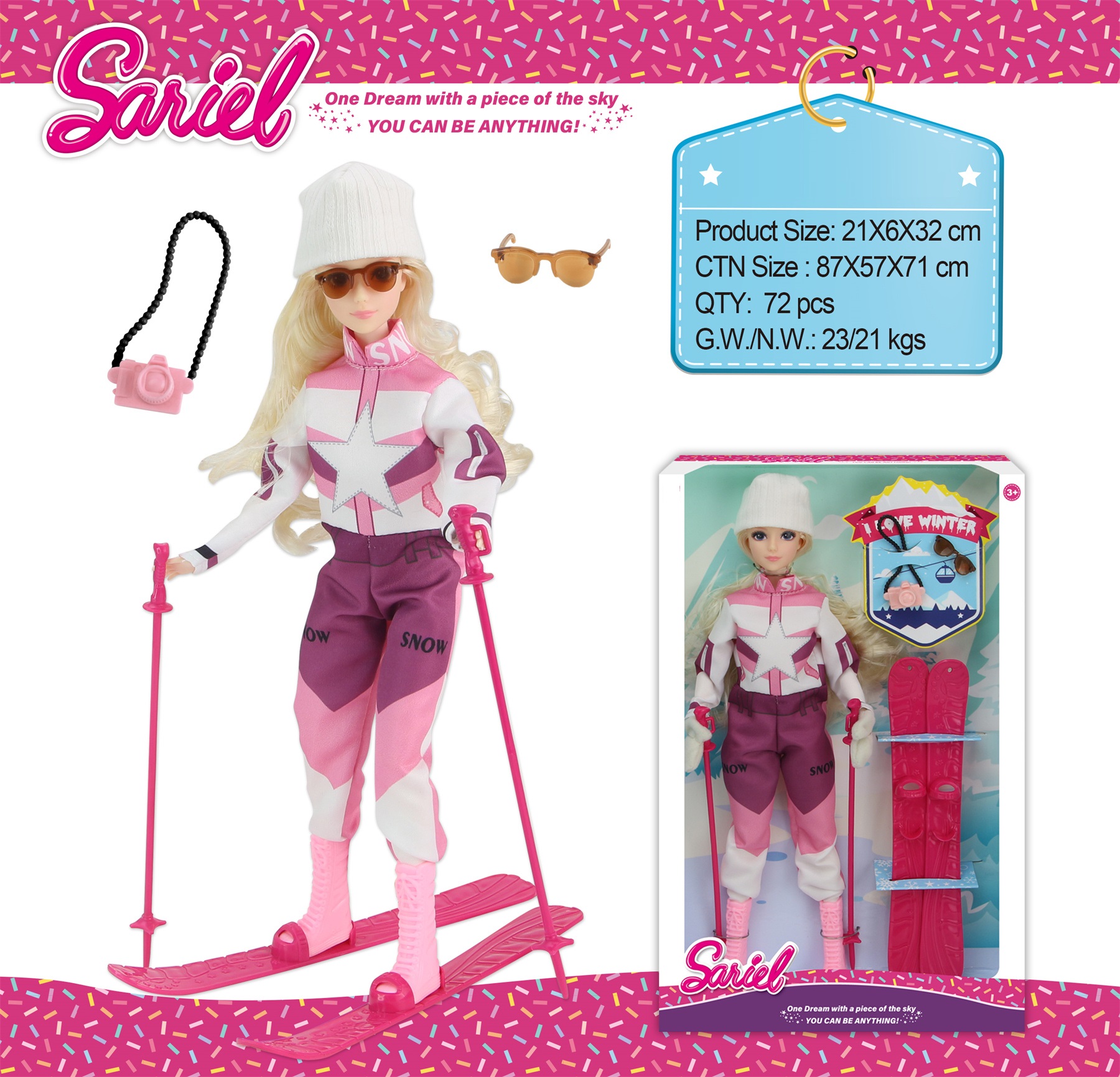 11.5 " 13 joints doll ski set