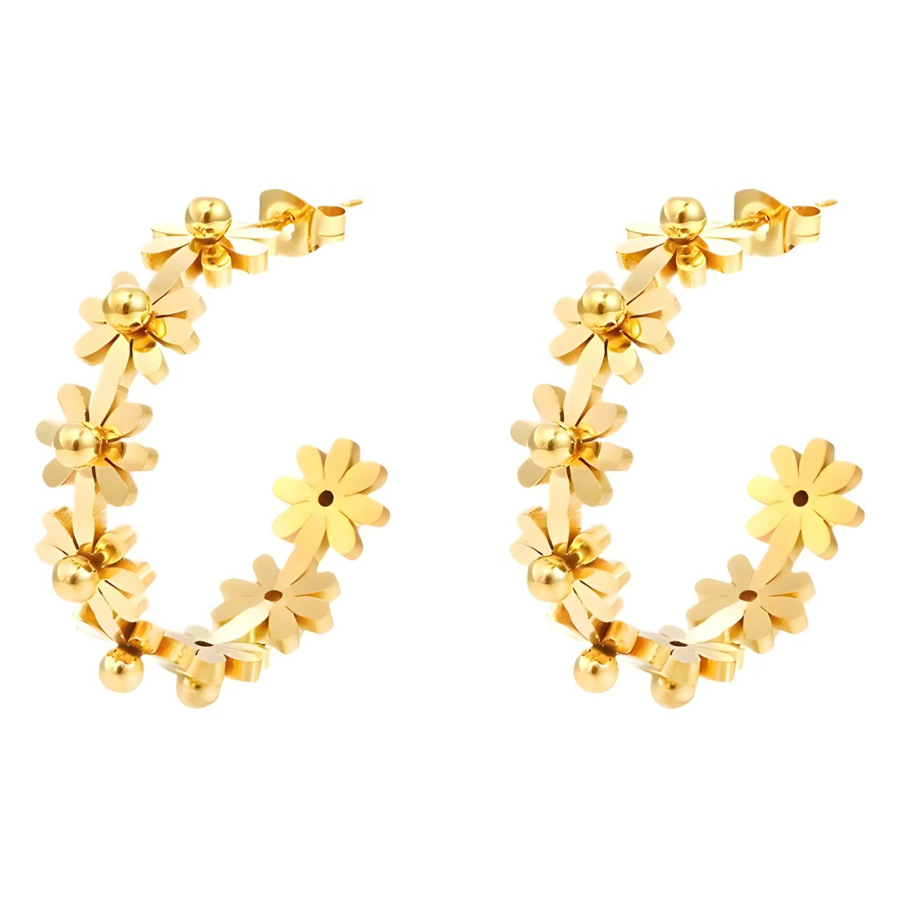 French retro small flower circular C-shaped stainless steel earrings