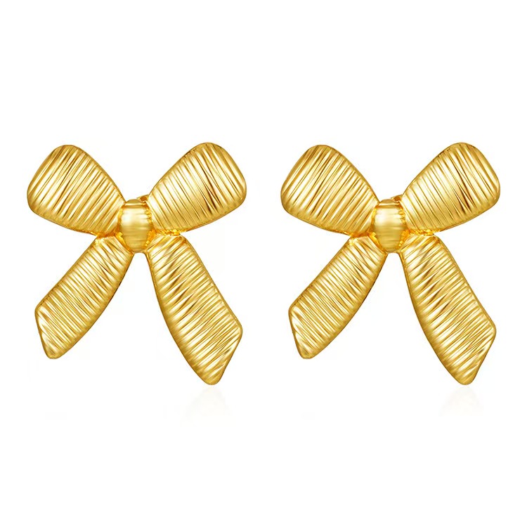 European and American Amazon stainless steel plated 18k gold ins wind stripe bow earrings