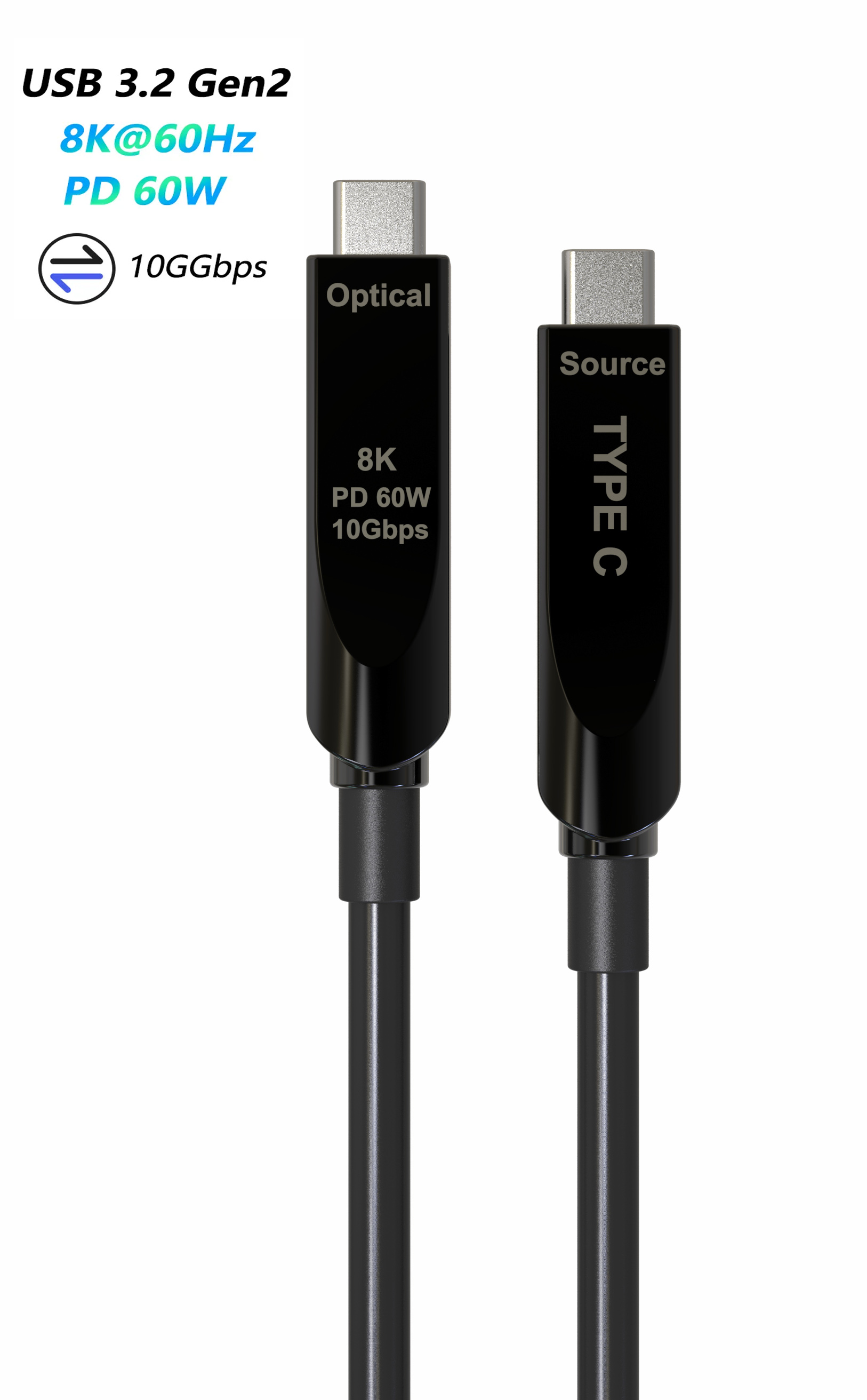 USB 3.2 Type-C to Type-C Video Cable Fiber Optic Transmits Gray Plated Connectors AOC USB Cable