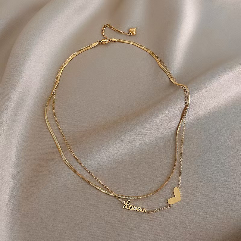 New trendy double-sided titanium steel double-layer heart-shaped women's collarbone necklace