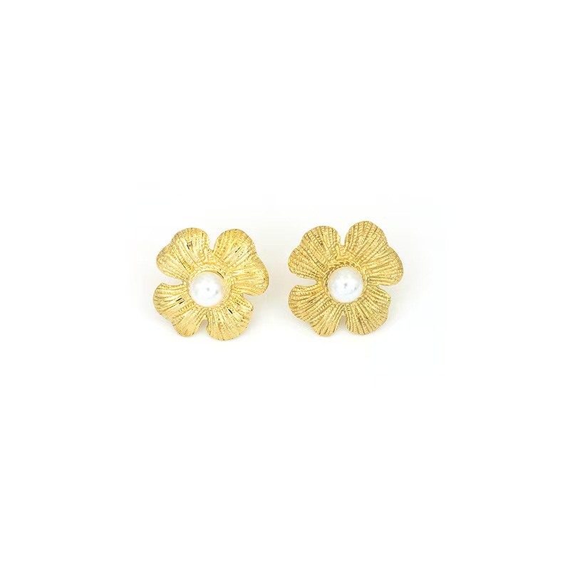 Stainless steel petal shaped inlaid pearl earrings for women